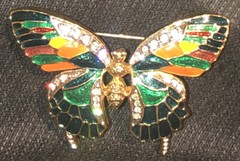 Butterfly Brooch 2 Inches Wide Gold Tone Metal ORANGE YELLOW BLUE GREEN IN WINGS