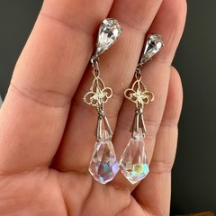 Vintage Earrings AB Crystal Dangle Silver Tone Filigree Briolette Teardrop Clip