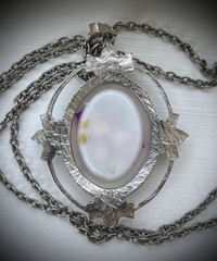Vintage purple flower orchid in lucite acrylic and metal pendant Necklace