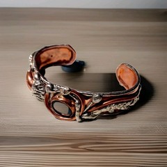 Artisan Cuff Bracelet Mixed Metals Copper Onyx Stone Slight Flex Brutalist 0198