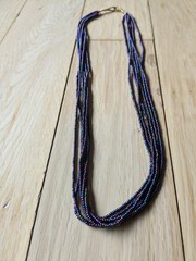 Natural Nepal Glass Seed Bead Multi Strand Necklace. Iridescent Peacock Blue 22″