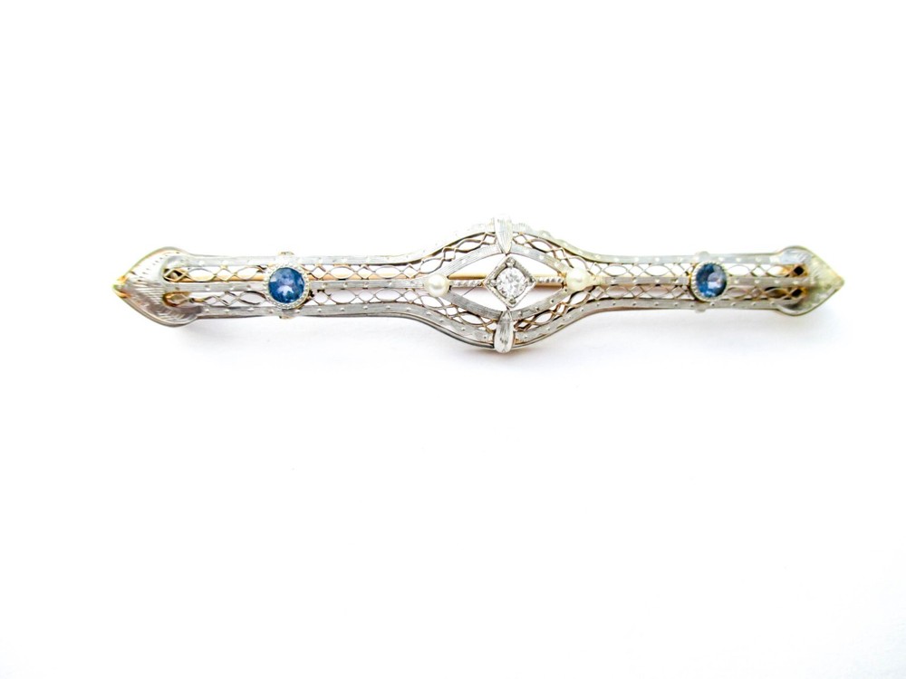 14k Gold Platinum Top Edwardian Bar Brooch Collar Pin