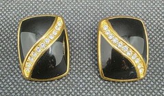 RARE! VTG Christian Dior Gold Tone Black Enamel Clear Rhinestone Earrings Signed