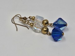 Blue & Clear AB Crystal Dangle Drop Earrings Gold Tone Accents Vintage 2 Inches