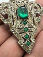 Vintage Art Deco Costume Green And White Rhinestone Clip On Brooch