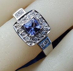 Tanzanite DIAMOND Deco Halo Style Engagement RING SOLID 14K WHITE GOLD Solitaire