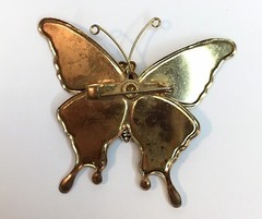 Vintage Gold Tone Sparkle Orange Red Black Butterfly Insect Brooch Pin Pendant