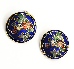 Cloisonné Small Butterfly & Flowers Round Blue Enamel Gold Tone Clip On Earrings