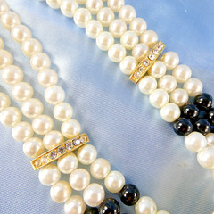 Vintage Faux Pearl Necklace Black White Beaded Multi Strand w/ Crystals