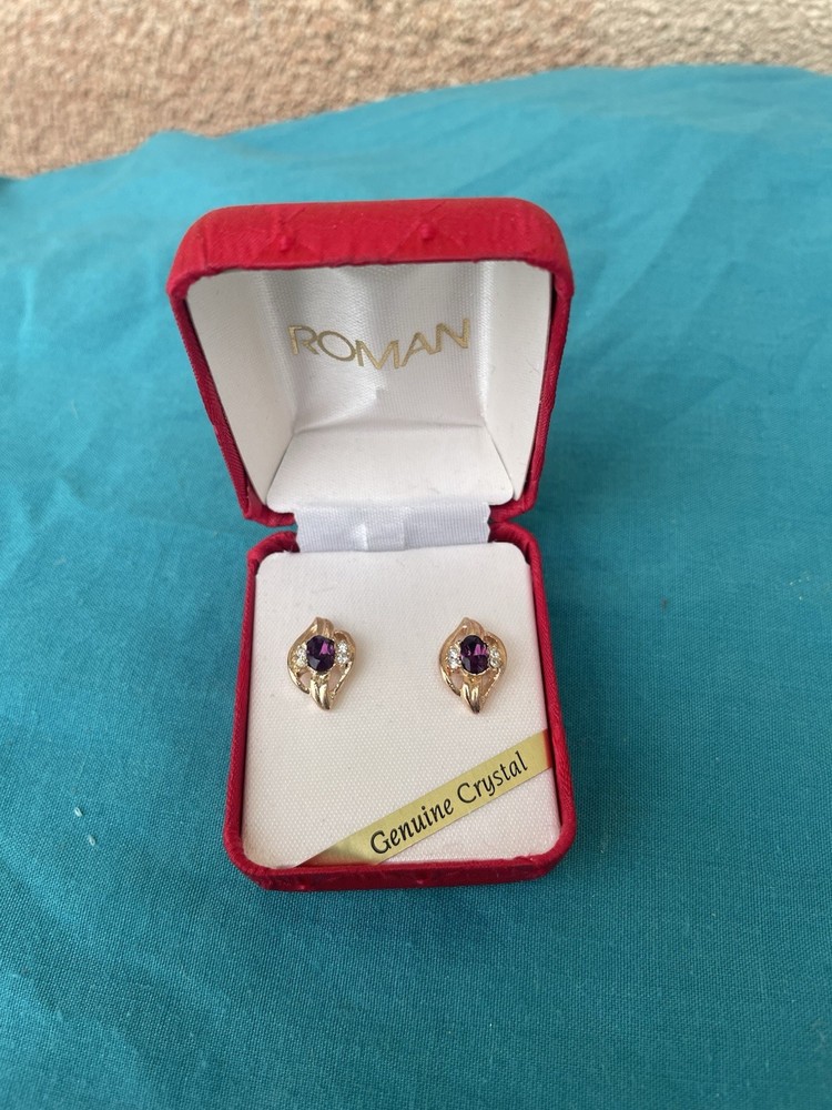Vtg Roman Rhinestone Faux Amethyst Crystal Earrings In Box New Gold Tone 70s