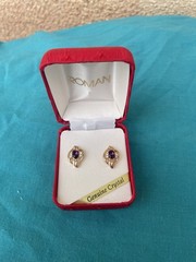 Vtg Roman Rhinestone Faux Amethyst Crystal Earrings In Box New Gold Tone 70s