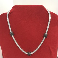 Vintage Signed LL 925 Sterling Onyx Clear Cubic Zirconia Statement Necklace