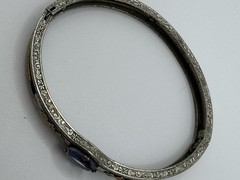 Antiqued Silver Plate Amethyst Glass Etched Gold Designed Bracelet Art Deco