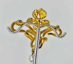 SIGNED JOAN RIVERS IRIS ART NOUVEAU FLOWER FASHION PIN,FAUX PEARL DANGLE,SPARKLY