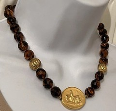 JADED Jewels NY Signed Etruscan Roman Coin Revival Glass Beaded Pendant Necklace