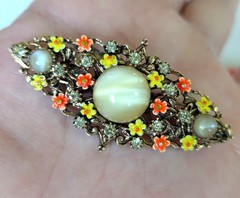 Vintage 50s Signed ART Brooch Enamel Flowers Rhinestones Central Cabochon Stone