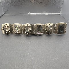 Mexico 925 Sterling Silver Abalone Inlay Panel Link Bracelet w/”Eagle & 3″ Stamp