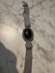 Vinta 925 Sterling Silver Black Onyx Marcasite Multi Strand Floral Bracelet 8.5”