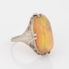 Vintage Belais Art Deco Opal Ring 14k White Gold Sz 5 Filigree Fine Jewelry