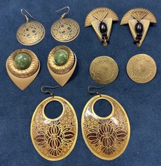 Vintage Brass Tone Statement Earrings Jewelry Lot 5 PR Pierced Black Green LG