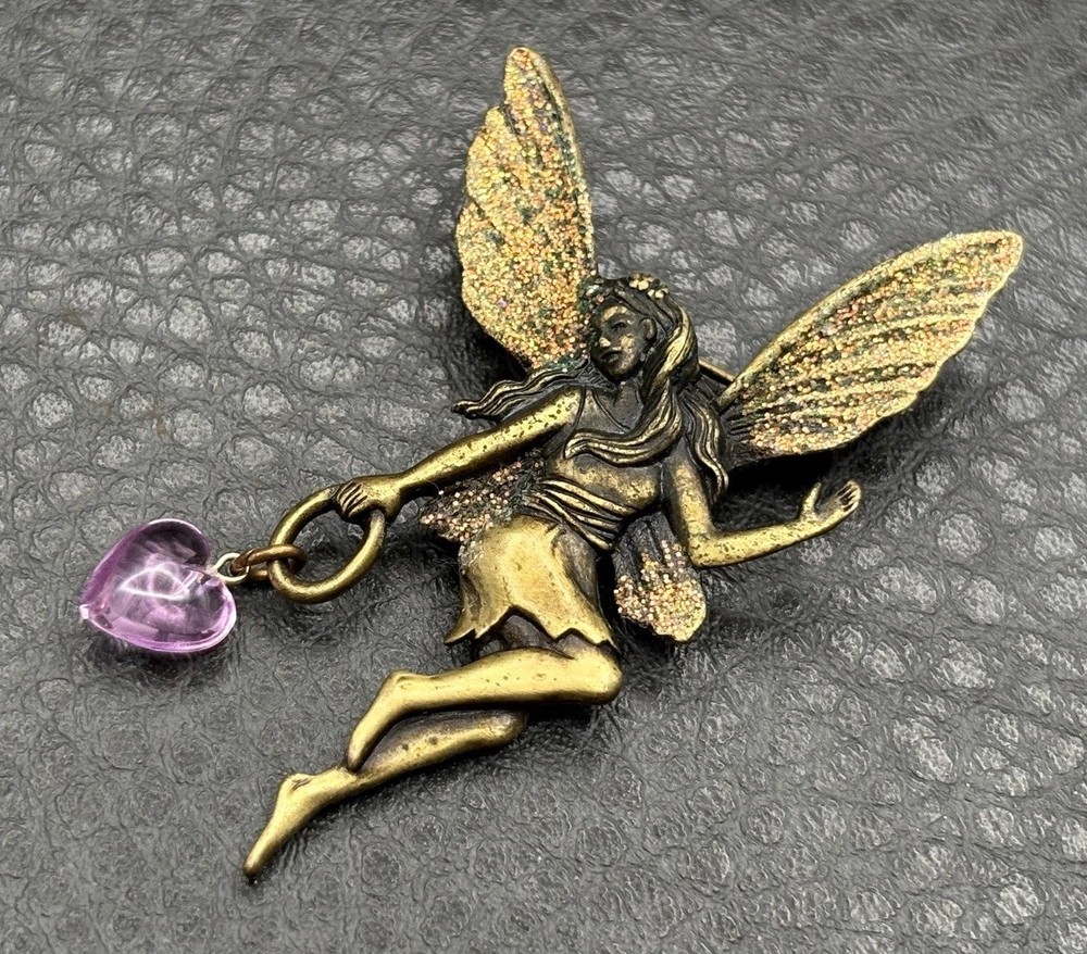 JJ Jonette VTG Gold Tone Fairy Brooch Pin Purple Heart Glitter Wings Mystical