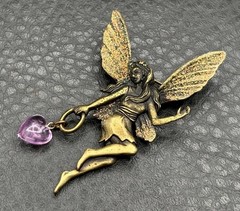 JJ Jonette VTG Gold Tone Fairy Brooch Pin Purple Heart Glitter Wings Mystical