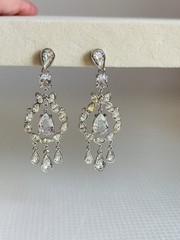 Vintage Swarovski Brand Rhodium Plated Crystal Chandelier Dangle Clip Earrings