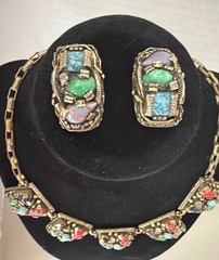 Vintage Selro Selini Art Glass Cabachon Necklace & Earrings Set Beautiful EUC