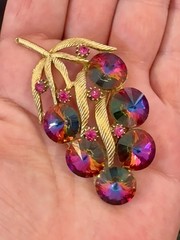 Vintage Watermelon Rivoli Rhinestone Leaf Brooch Gold Tone Pink Aurora Borealis