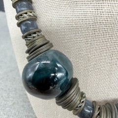 Vintage Necklace 1970s Blue Ceramic Beads Metal Disc Spacers Bohemian 16.5 Inche