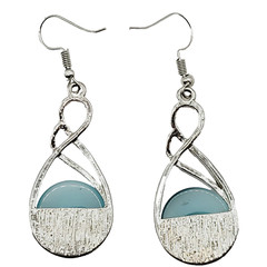 Sky Blue Round Glass Silver Tone Open Metal Drop Dangle Pierced Hook Earrings