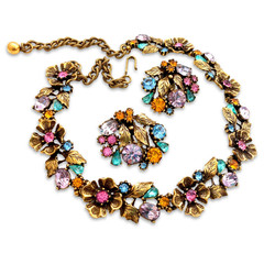 Vintage 1950s Signed LISNER Pastel Rhinestone Flower Leaf Necklace Earrings Set