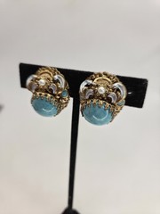 Vintage West Germany Blue Earrings Glass Cab Enamel Signed Clip Ons Rhinestone