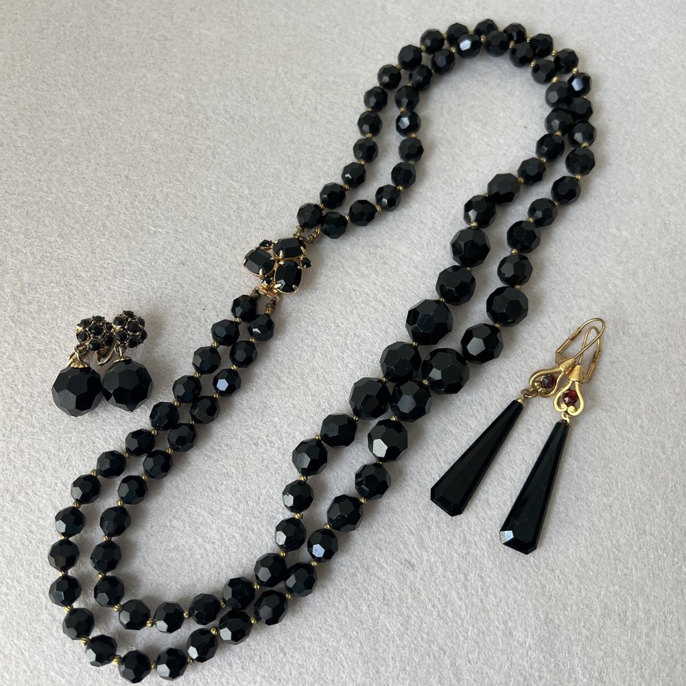 Vintage 2 Strand Jet Crystal Necklace & 2 Pairs Earrings – Rhinestone Clasp