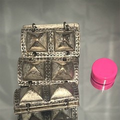 Vintage Brutalist Wide Panel Bracelet Silver Tone Pyramid Design Coin Charm 7.5