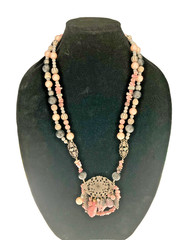 Stunning roxsann Pink Rhodonite Faux Pearl Moonglow Bead Charm Pendant Necklace
