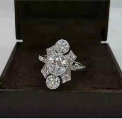 Art Deco Style Round Lab Created Diamond Three-Stone 14K White Gold FN Gift Ring