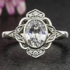 Art Deco Style Filigree Oval Lab Created Diamond Wedding 14K White Gold FN Ring