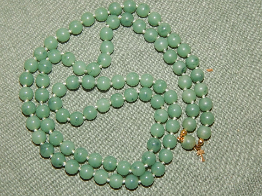 Vintage 30” TRIFARI Faux Jade Green Hand Knotted Acrylic Bead Necklace