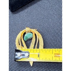 VTG Gold Tone Abstract Textured Brooch Pendant Green Stone Mid Century Modern