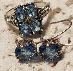 Art Deco Antique Blue Topaz Diamond Accent Ring & Earrings Set,Size 10, 925 &CNA