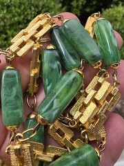 Vintage Asian Export Green Faux Jade Lucite Long Necklace Geometric Links 36.5″