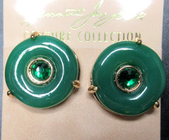KJL KENNETH J LANE Green Faux Jade & Rhinestone Vintage Clip Earrings on Card!