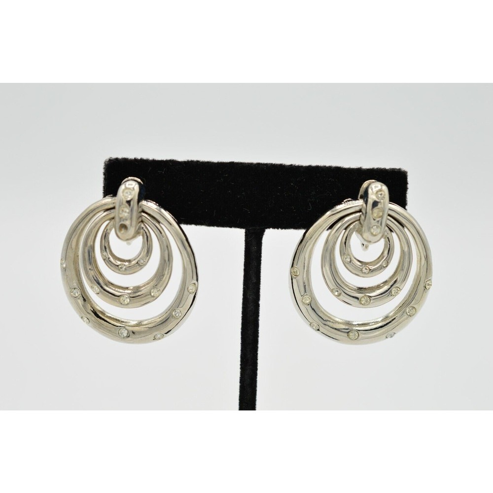 Vintage Dangle Clip On Earrings Pave Rhinestone Crystal Dangle Drop 1980s BinU