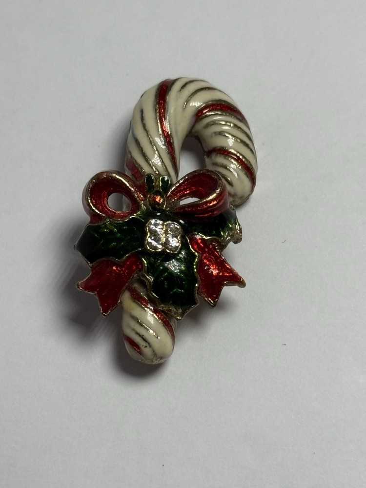 Vintage Christmas Enamel Candy Cane Brooch With Holly & Bow & Clear Rhinestones
