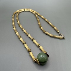 24 Inch Bamboo Link Necklace w/ Sterling Clasp & Faux Green Bead – 41.3g