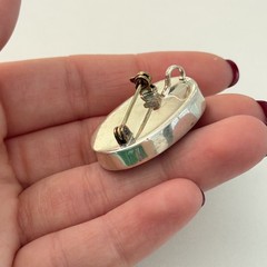 Vintage 925 Sterling Silver Purple Glass Flower Oval Brooch Pin Pendant