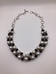 Vintage Sterling Silver 925 Pearl and Black Onyx Collar Necklace Elegant Estate