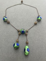 Antique Art Deco Venetian Peacock Glass Foil Necklace