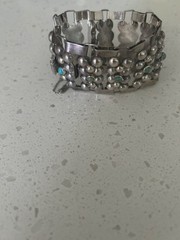 Vintage Silver Mexican Modernist Caviar Link Bracelet W/Small Cabochon Turq Ston